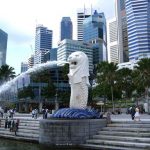 Foto air mancur patung Singa ciri khas Negara Singapura