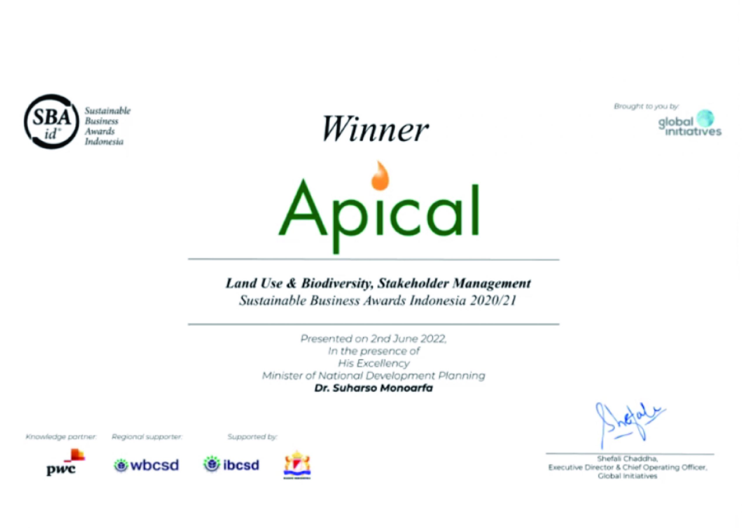 Foto Penghargaan yang di dapat Apical di Sustainable Business Award Indonesia 2020/2021