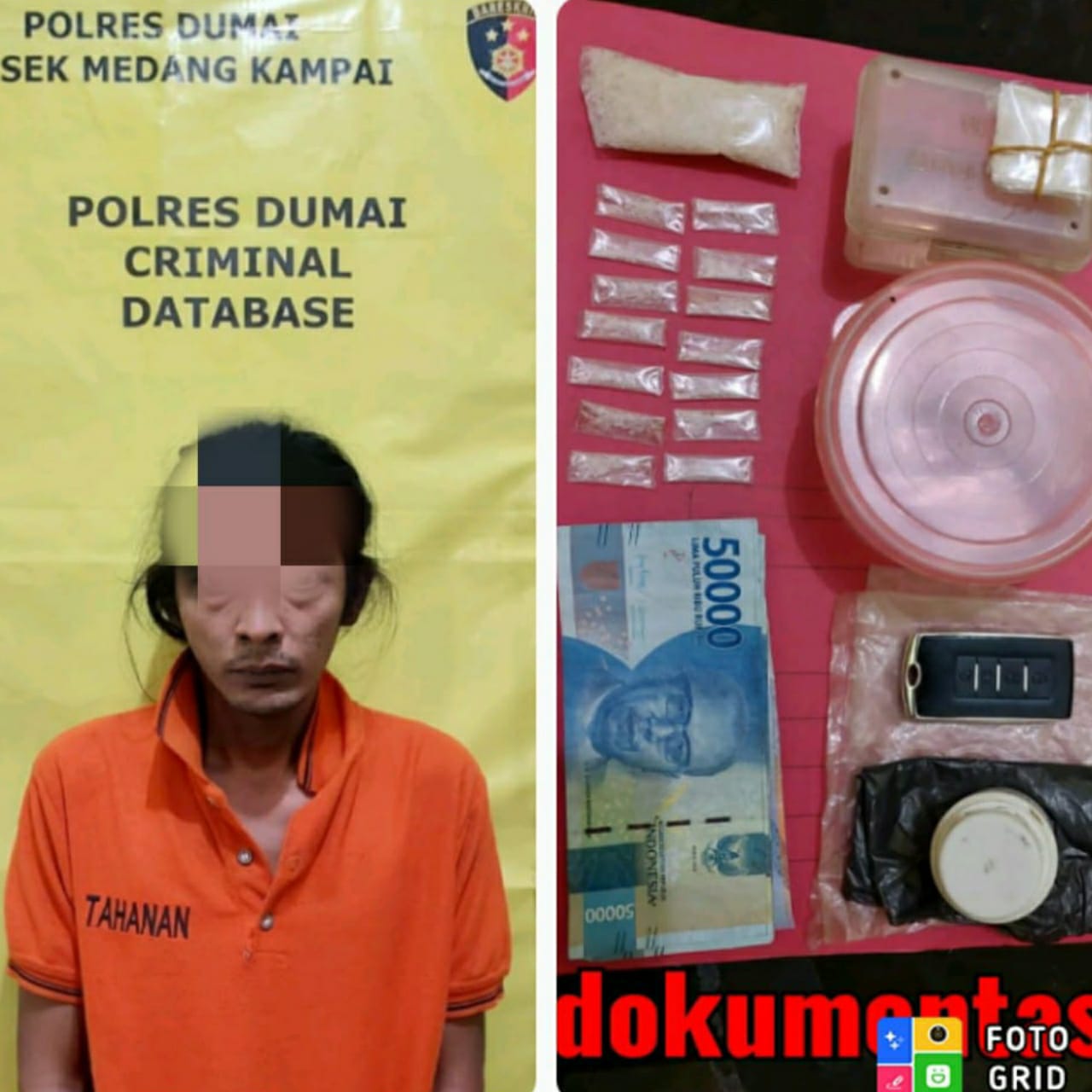 Foto M.IP(34) warga Medang Kampai Kota Dumai diduga pengedar narkoba beserta barang bukti.